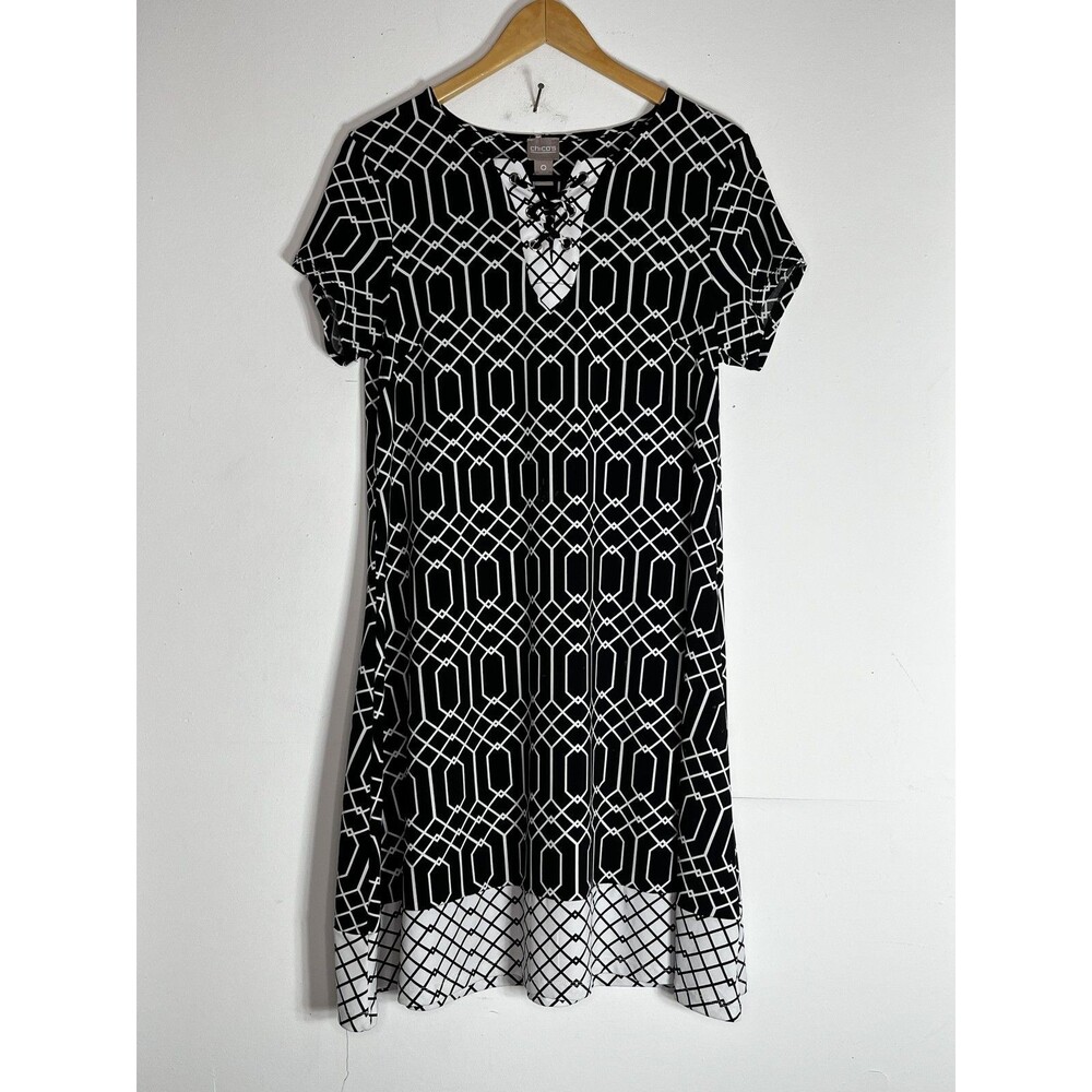 Chico's T Shirt Dress Womens 0 S Black Geometric Lace Up V Neck Knit Casual